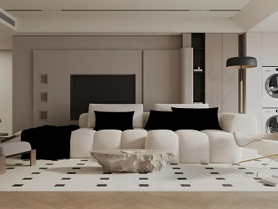 Modern Living Room With Beige Sofa Black Pillows Stone Coffee Table And Checkerboard Rug 3d model