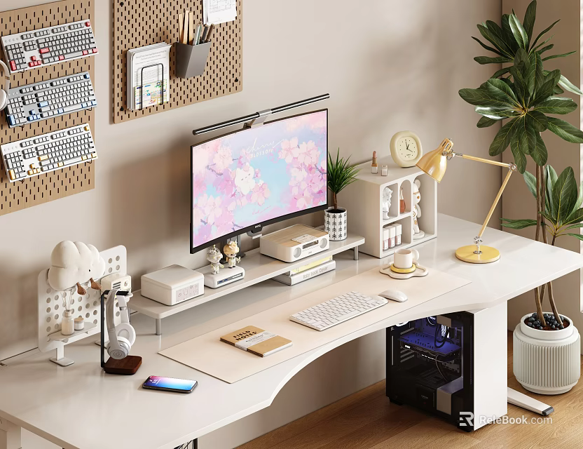 Modern Digital Workspace With Monitor Keyboard Smartphone And Desk Accessories 3d model 