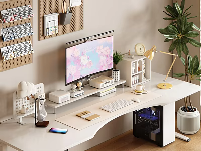 Modern Digital Workspace With Monitor Keyboard Smartphone And Desk Accessories 3d model