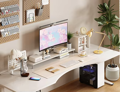 Modern Digital Workspace With Monitor Keyboard Smartphone And Desk Accessories 3d model