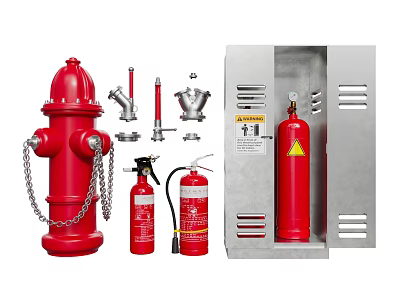 Essential Fire Equipment Featuring Red Fire Hydrant Various Fire Extinguishers And Metal Cabinet 3d model