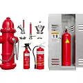 Essential Fire Equipment Featuring Red Fire Hydrant Various Fire Extinguishers And Metal Cabinet 3d model