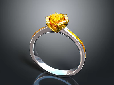 Elegant Silver Ring With Yellow Floral Gemstone Diamond Accents And Enamel Stripes 3d model
