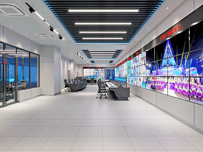 Modern Control Room Interior With Multiple Display Screens And Control Desks 3d model