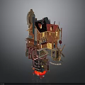Intricate Model House Structure With Red Roof Windmill Barrels And Mechanical Parts