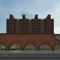 Sales Office Building With Brick Exterior Arched Windows Front Plaza People Walking Surrounding Residential High Rises Illuminated