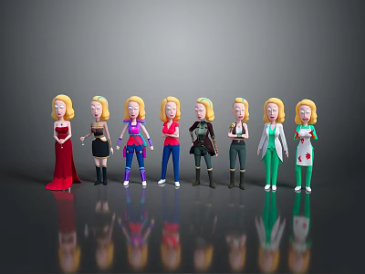 Blonde Female Characters Standing in a Row with Various Outfits and Reflections 3d model