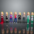 Blonde Female Characters Standing in a Row with Various Outfits and Reflections