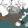 Modern White Detached Villa On Water With Terrace And Cloud Like Decorations