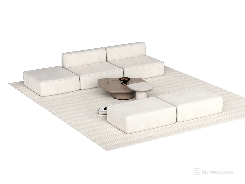 Modern White Modular Sofa with Round Coffee Table on Striped Rug 3d model