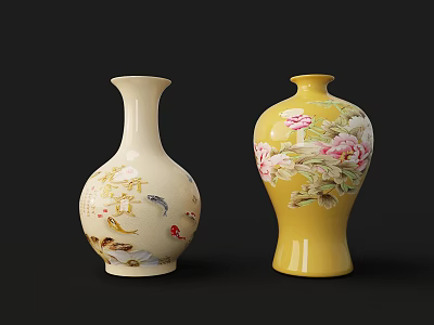 Traditional Ceramic Vases With White Fish Pattern And Yellow Peony Design 3d model