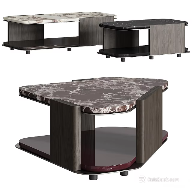 Modern Coffee Table With Marble Top And Dark Wood Frame Structure Design 3d model 