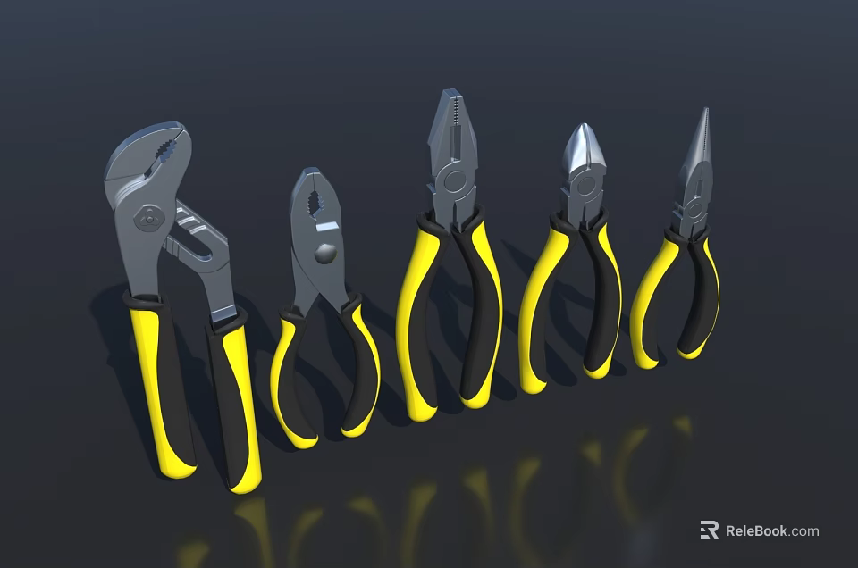 Different Types of Hardware Pliers with Yellow and Black Handles on Black Surface 3d model 