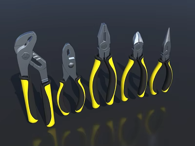 Different Types of Hardware Pliers with Yellow and Black Handles on Black Surface 3d model