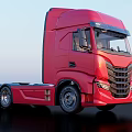 Red Semi Truck Exterior Featuring Modern Cab Design And Multiple Wheels