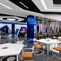 School Modern Lounge Space With White Tables Orange Chairs And Colorful Glass Partitions