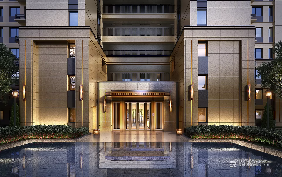 Modern Building Facade With Symmetrical Design Lighting And Water Feature 3d model