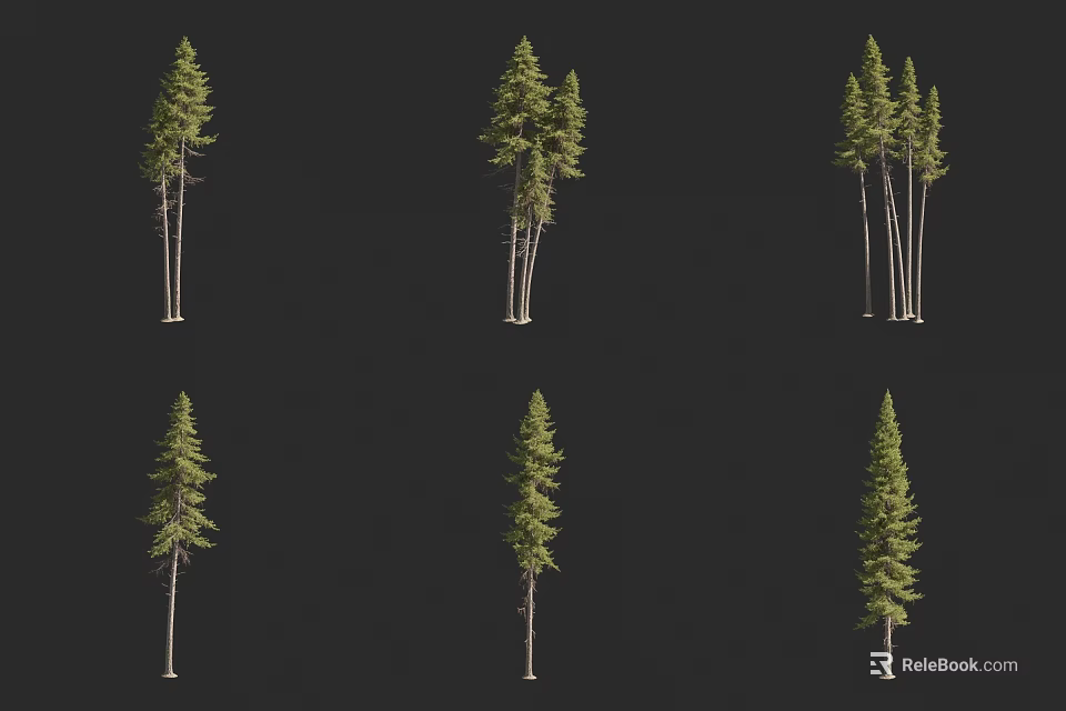 Arbor 3D Models with Single Double Triple Trunks and Green Foliage on Black Background 3d model