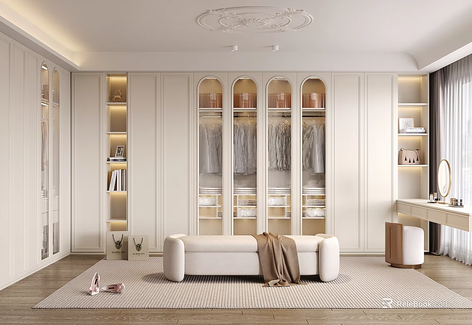 Elegant Modern Walk-in Closet Interior Design With Glass Door Cabinets Bench Mirror And Shelves 3d model 