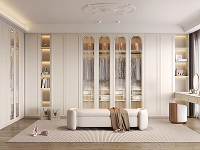 Elegant Modern Walk-in Closet Interior Design With Glass Door Cabinets Bench Mirror And Shelves 3d model