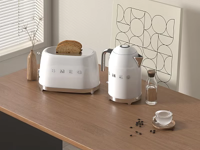 Modern Kitchen Countertop Featuring White Toaster Electric Kettle Coffee Beans Small Cup And Decorative Painting 3d model