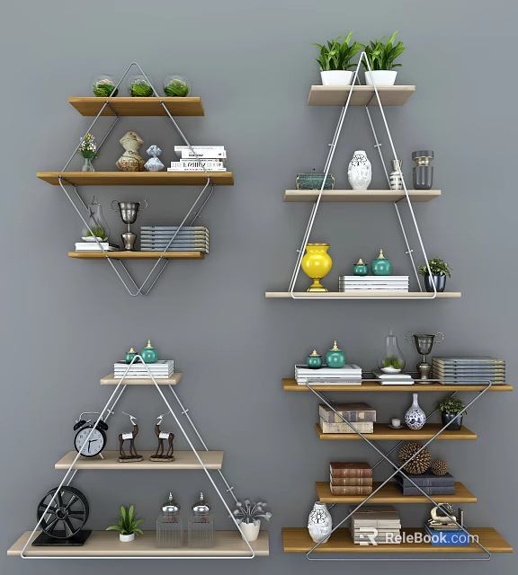 Stylish Floating Wall Shelves With Decorative Items Books Trophies And Vases 3d model 