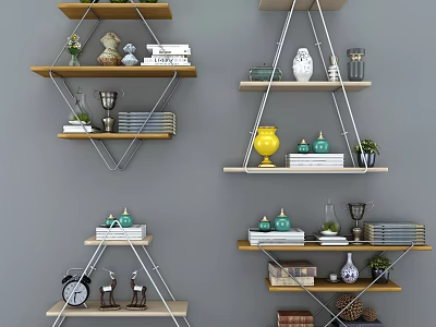 Stylish Floating Wall Shelves With Decorative Items Books Trophies And Vases 3d model