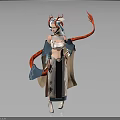 Elegant Female Character In Traditional Attire With Dragon Horns And Red Streamers