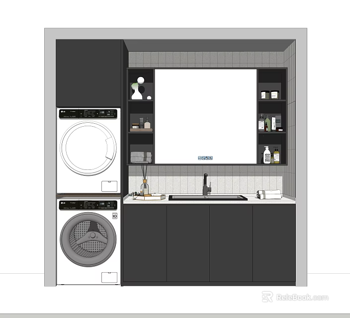 Modern Bathroom Washbasin With Washing Machine Dryer Storage Cabinets And Mirror 3d model 
