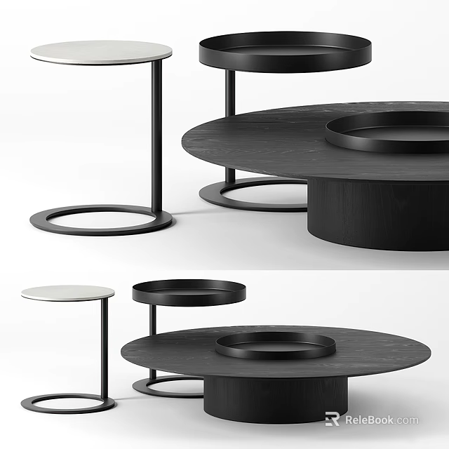 Modern Black Circular Coffee Table With Metal Frame And Tray Design 3d model 