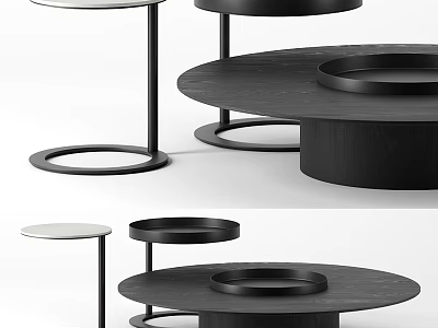 Modern Black Circular Coffee Table With Metal Frame And Tray Design 3d model