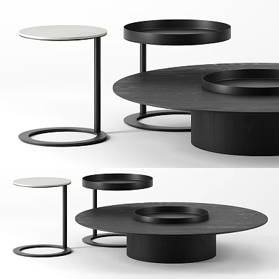 Modern Black Circular Coffee Table With Metal Frame And Tray Design 3d model