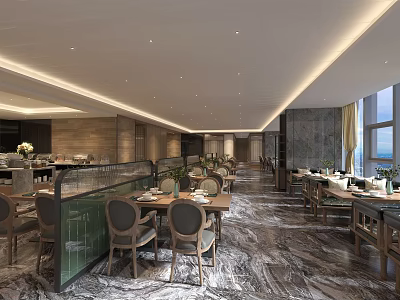 Modern Restaurant Spacious Interior With Marble Floor Dining Tables And Large Windows 3d model