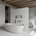 White Bedroom Interior With Wooden Ceiling Beige Curtains And Scenic Window View