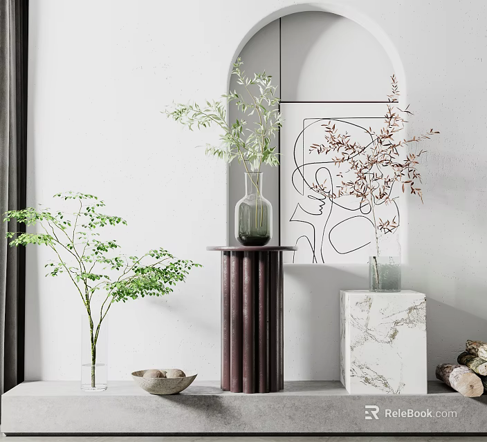 Elegant Vases With Green Branches Brown Plants On Marble Pedestal Wooden Stand White Wall Arch 3d model 