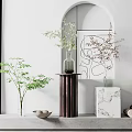 Elegant Vases With Green Branches Brown Plants On Marble Pedestal Wooden Stand White Wall Arch