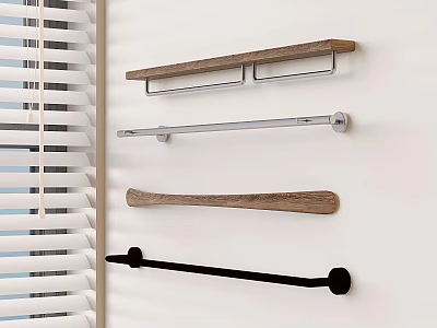 Wooden And Metal Wall Mounted Storage Racks Beside Blinds For Organizing Items 3d model