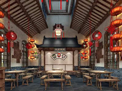 Traditional Chinese Tea House Interior With Hanging Red Lanterns Wooden Tables And Classic Decor 3d model