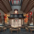 Traditional Chinese Tea House Interior With Hanging Red Lanterns Wooden Tables And Classic Decor