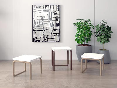 Modern Minimalist Stools With Wooden Legs And White Seats In Living Room Interior With Plants 3d model