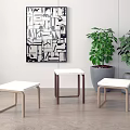 Modern Minimalist Stools With Wooden Legs And White Seats In Living Room Interior With Plants
