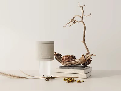 Natural Decorative Ornament Set with Driftwood Branch Table Lamp Stacked Books Pine Cones Dried Flowers 3d model
