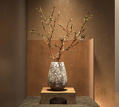 Decorative Vase With Branches And Fresh Buds On Square Base Against Brown Wall Background 3d model