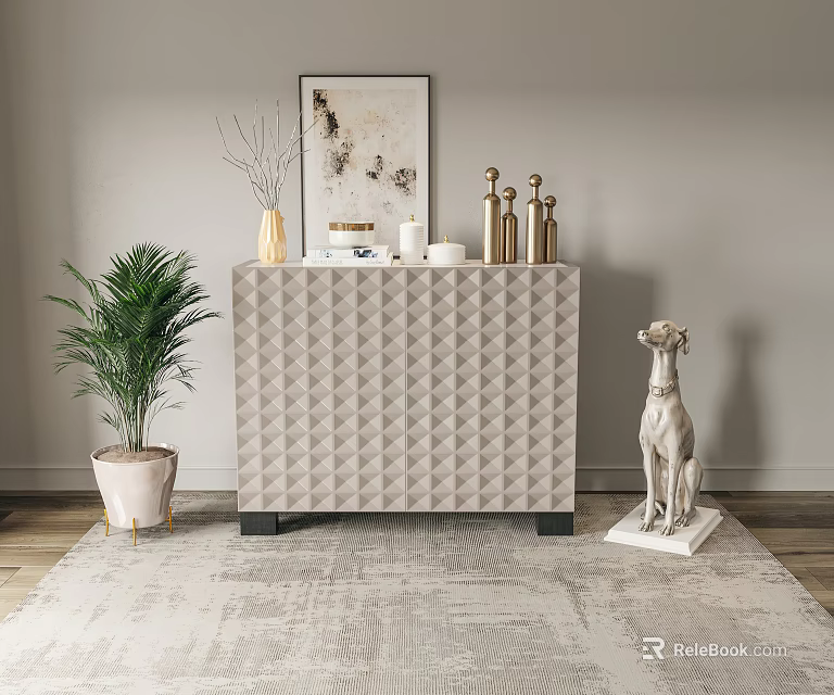 Entryway Console Table With Light Beige Diamond Pattern Golden Decor Green Plant And Dog Statue 3d model 