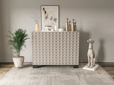 Entryway Console Table With Light Beige Diamond Pattern Golden Decor Green Plant And Dog Statue 3d model