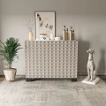 Entryway Console Table With Light Beige Diamond Pattern Golden Decor Green Plant And Dog Statue