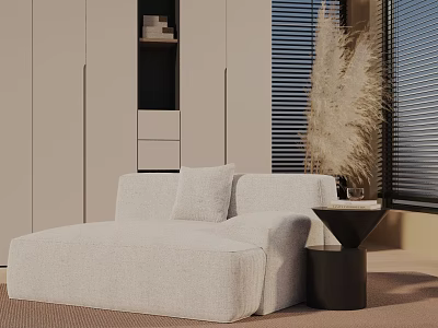 Modern Light Gray Fabric Leisure Chair With Pillow Black Side Table And Pampas Grass Decor 3d model