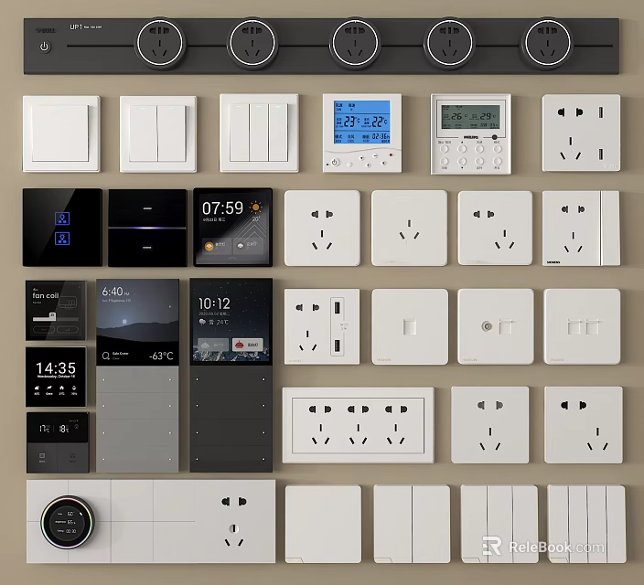 Various Modern Switch Panels With Sockets Smart Displays And Multiple Color Options 3d model 