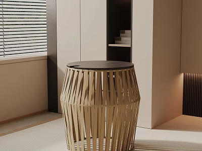 Natural Wooden Slat Side Table With Black Top In Modern Minimalist Room Near Window Blinds 3d model