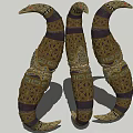 Three Curved Garden Ornaments With Intricate Patterns And Gold Purple Details